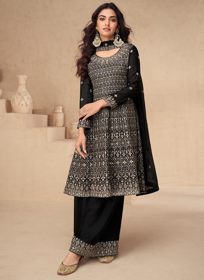 Chinnon Silk Black Wedding Wear Embroidery Work Readymade Anarkali Suit